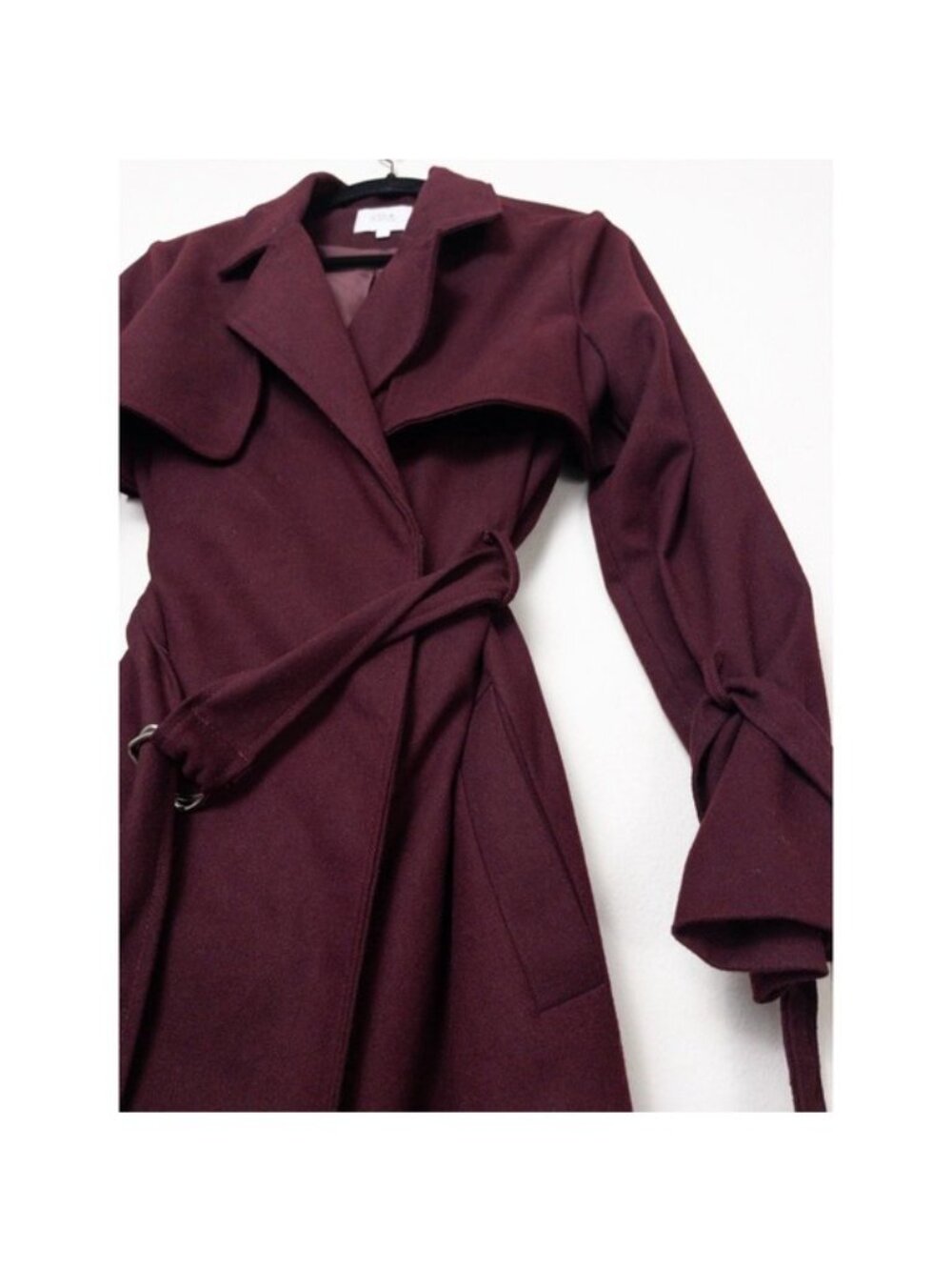 NEW J.O.A Belted Trench Coat S Burgundy Maroon Tie Cuff Double Breasted Utility - Picture 7 of 12